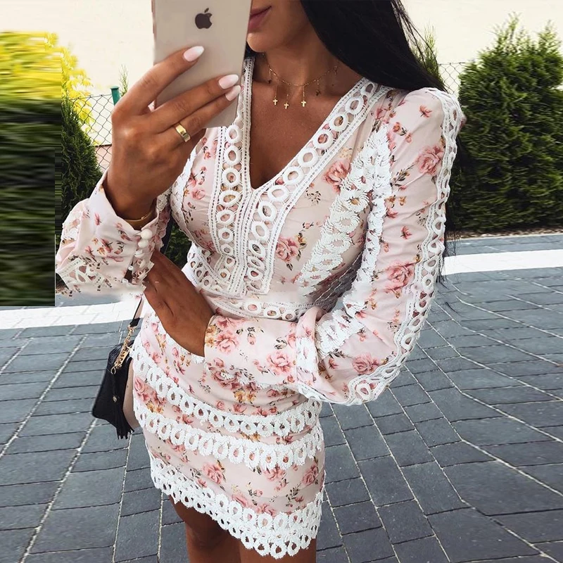 

Summer fashion dress women's casual multi-color deep V-neck openwork lace dress sexy slim mini dress Z453