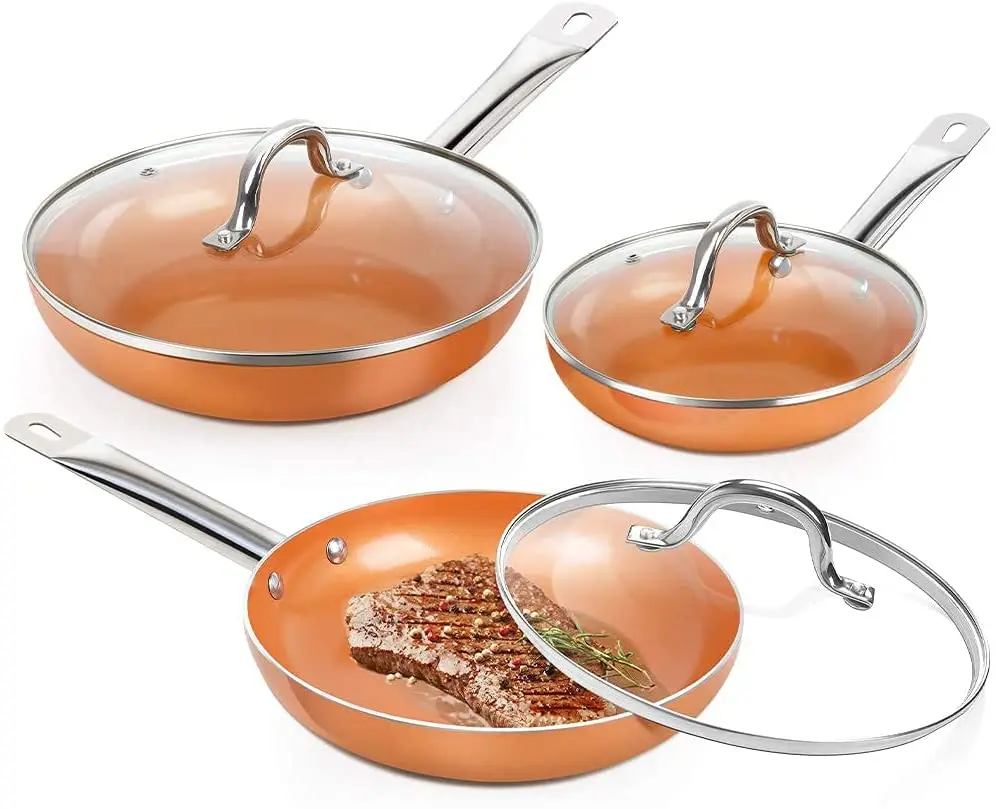 SEMORY-Juego de sartenes antiadherentes de aluminio, utensilios de cocina con tapa, sartenes de cobre con tapa, sart&eacute;n de cer&aacute;mica, 6 piezas-0