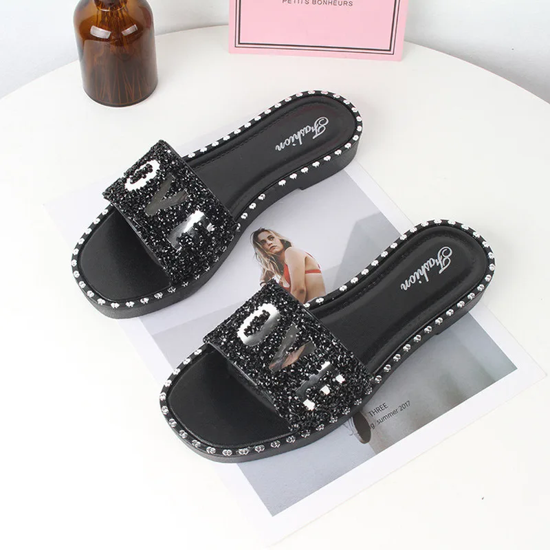 

Women's summer wear casual flip flops sequined slippers flat beach sandals FS21S27
