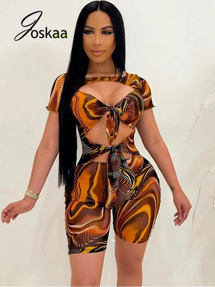 

Joskaa сетчатый принт с коротким рукавом тонкие костюмы для подвижных игр модные открытые бандажные комбинезоны лето 2021 Сексуальные вечерние ...