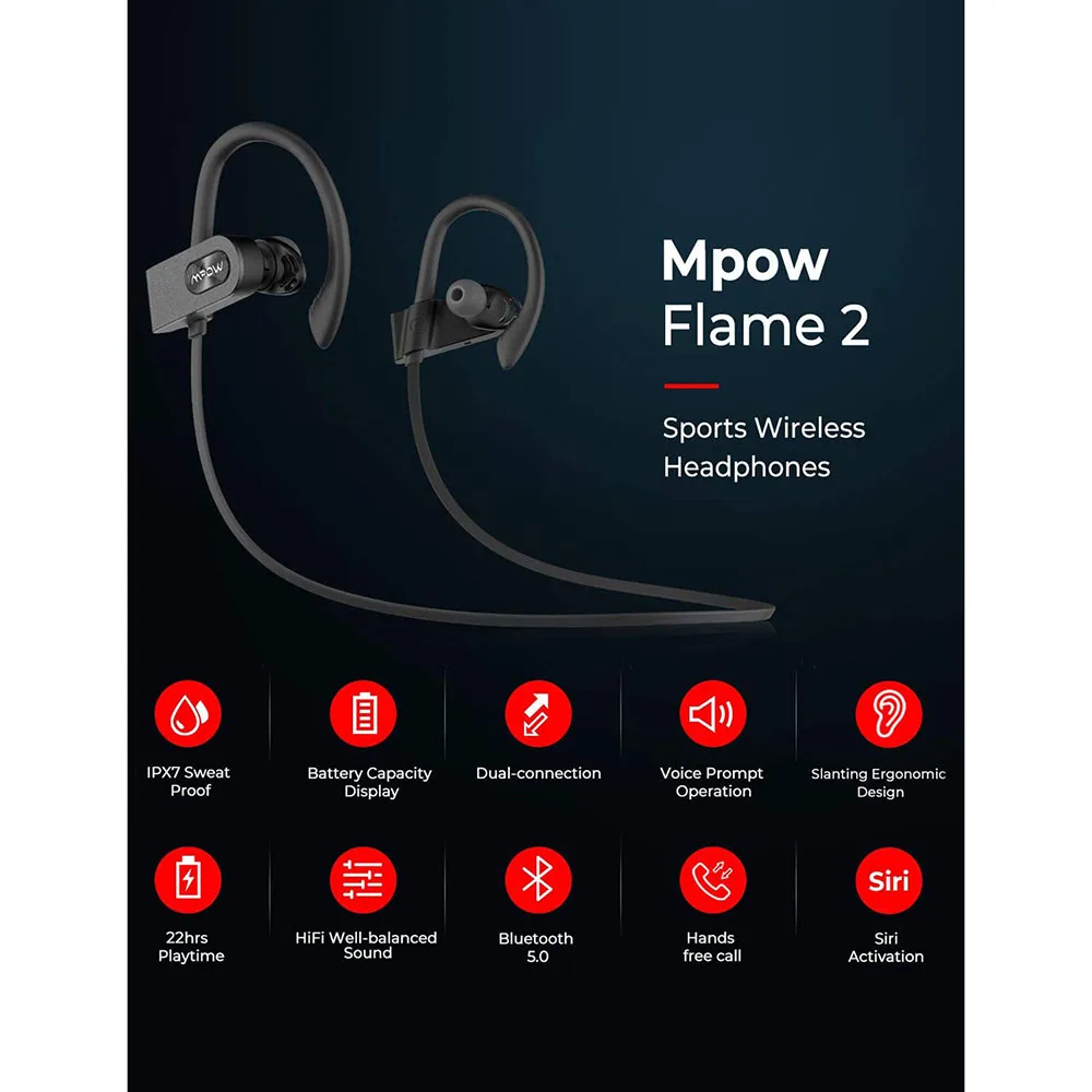 Mpow Flame 2 Bluetooth Earphones IPX7 Waterproof Wireless Sports Earbuds w/ CVC6.0 Noise Cancelling Mic Headphone for Sports Gym images - 6