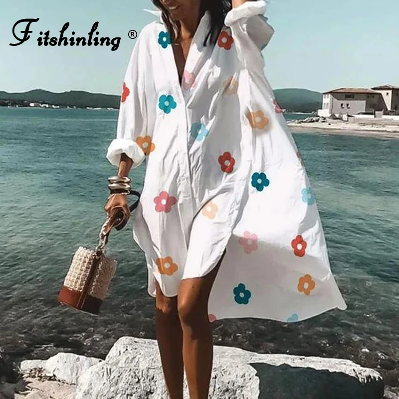 

Fitshinling Bohemian Print Floral Short Beach Dress Oversize Women Clothes Button Up Shirt Robe Holiday Fashion Vestidos Femme