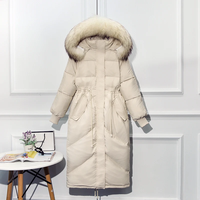 

Winter Women Hooded Natural Raccoon fur collar Long Down Coat 90% White Duck Down Parkas Streetwear Warm Snow Green Outwear