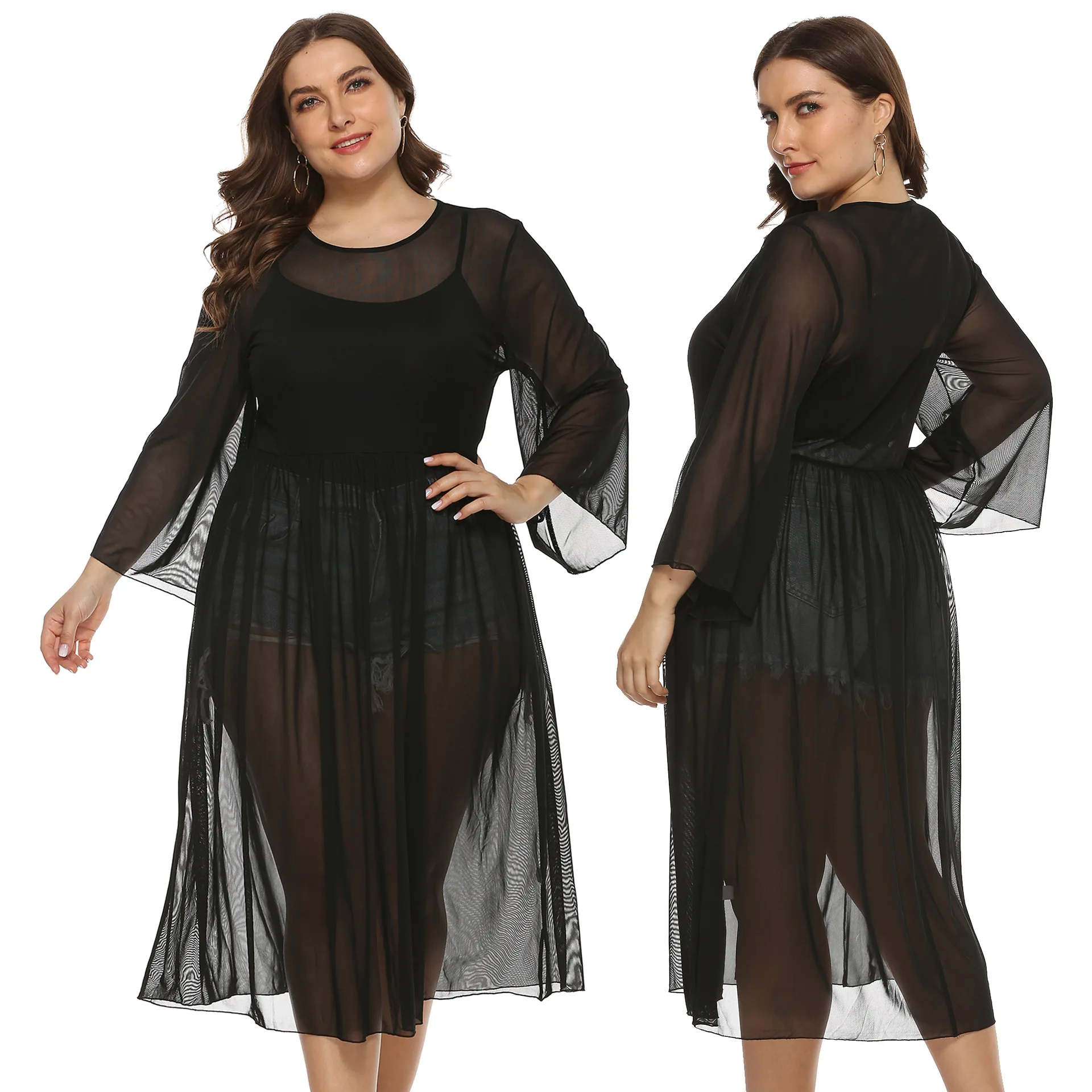 

One Piece Dropshipping Dress Solid Color plus Size Women's Clothing Sexy See-through Mesh Cinched Mid-Length Blouse summer dress