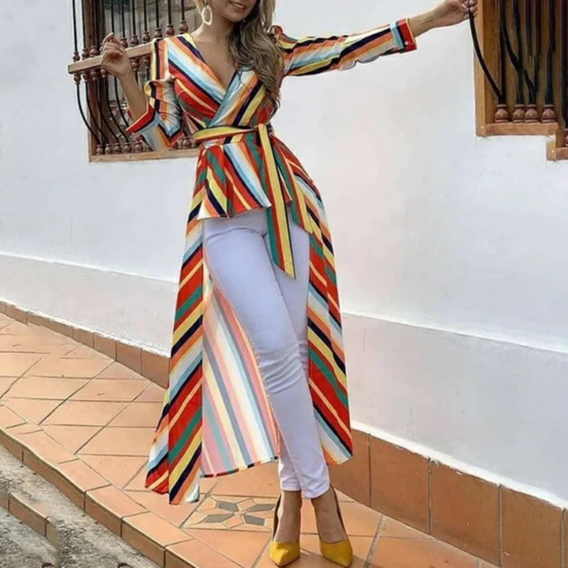 

Rainbow Striped Dress New Irregular Front Short Back Long Casual Dress