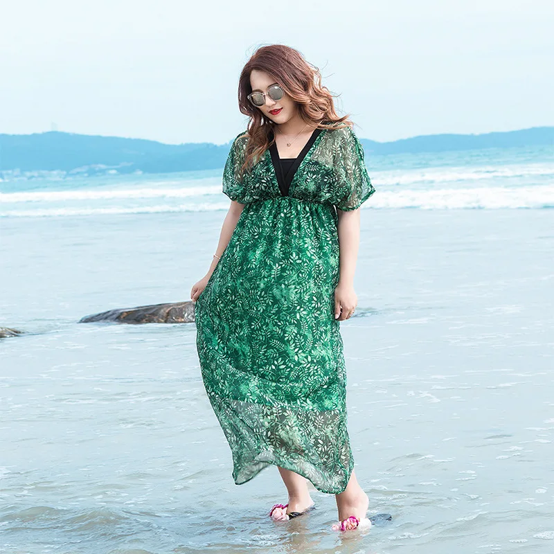 

Женское шифоновое платье с коротким рукавом, длинное пляжное платье большого размера 4XL с принтом листьев и глубоким V-образным вырезом, TA915