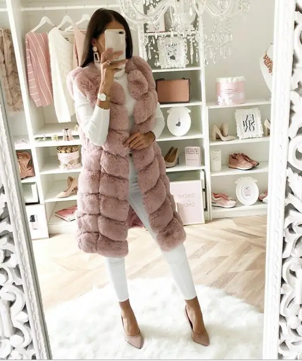 Женский Длинный жилет из искусственного меха без рукавов|Куртки меха| |