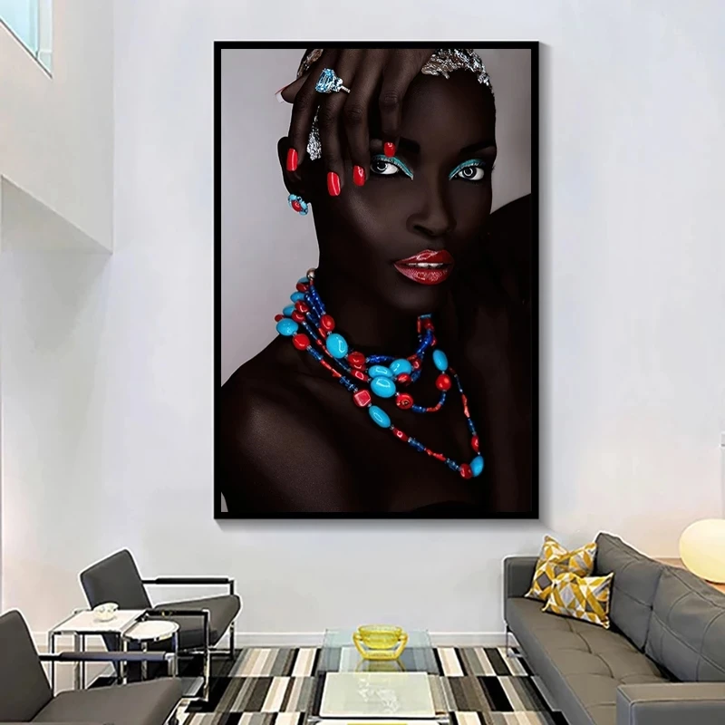 

Modern Wall Art Black Woman Canvas Painting On The Wall African Women Poster Prints Wall Pictures Living Room Home Decor Framed