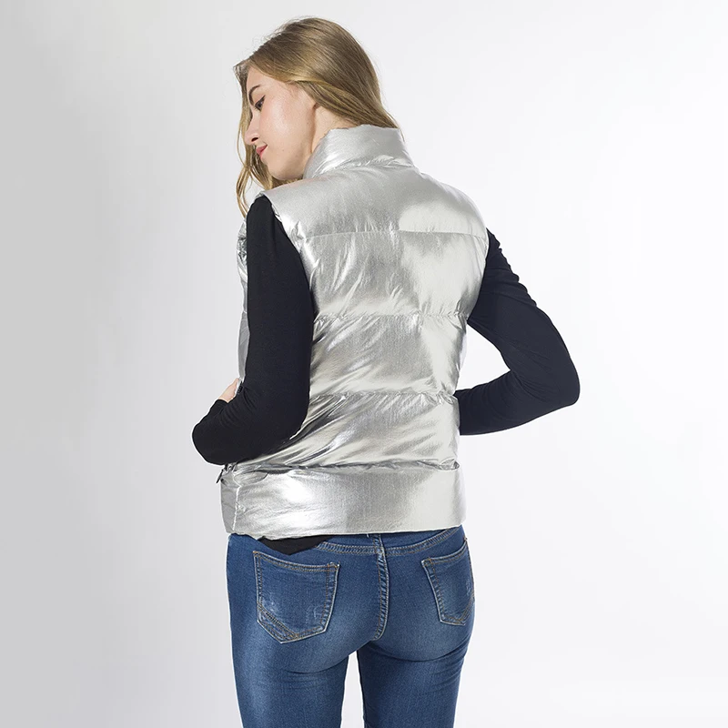 

New Women Autumn Winter Short Vest Bright Silver Female Sleeveless Cotton Coats L6011223