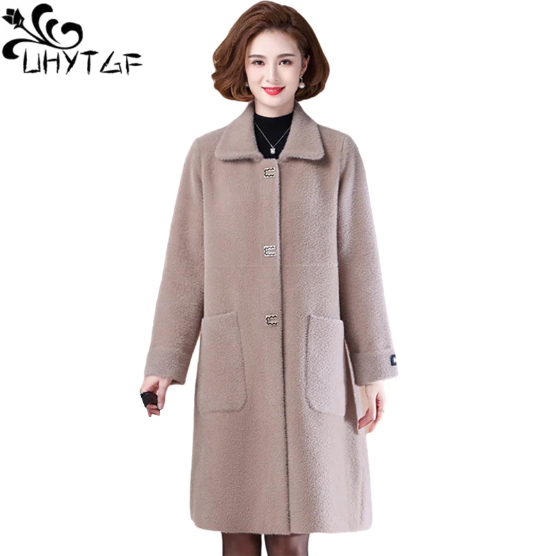 

UHYTGF Women Jacket Quality Mink Fleece Winter Coat Female High-End Cashmere Woolen Outwear Mom Loose 6XL Plus Size Clothes 1355