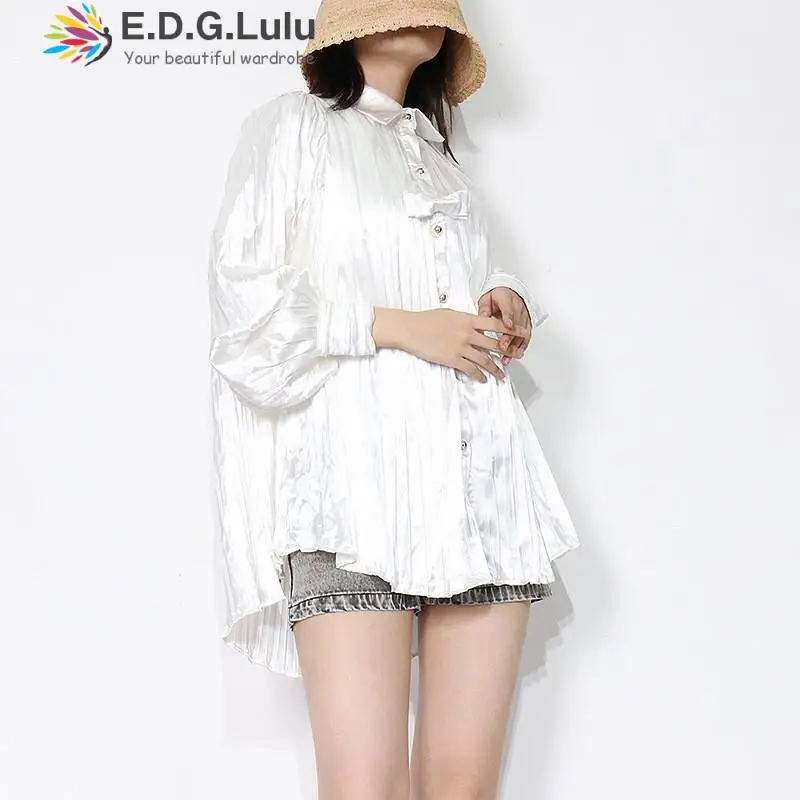 

EDGLuLu осень 2021 Женская мода отложной воротник бант однобортная Свободная блузка Повседневная белая желтая фиолетовая атласная рубашка 0915