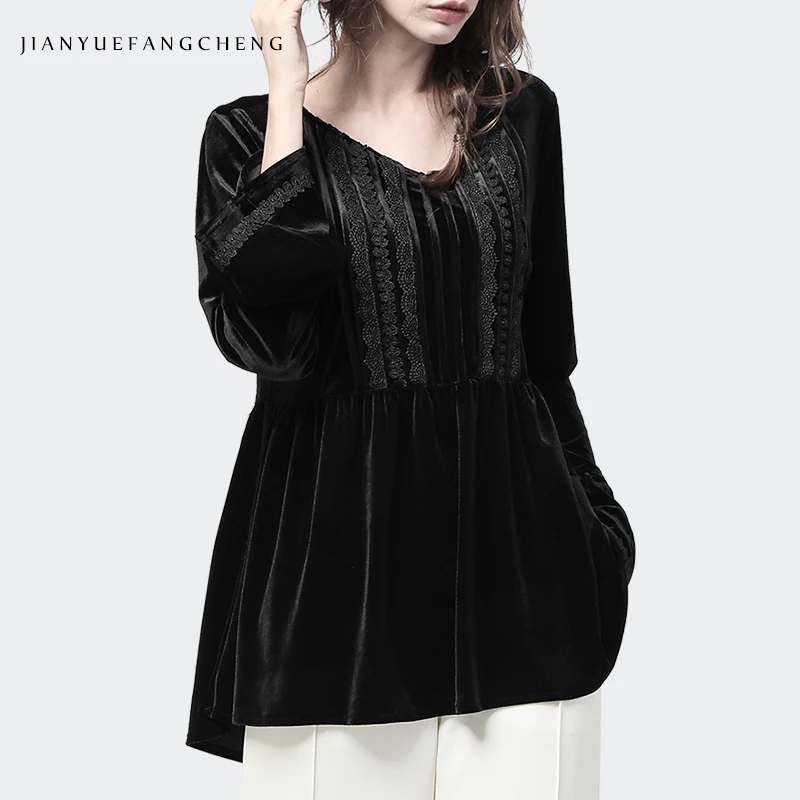 В винтажном стиле Цвет Черный Велюровая блузка для женщин 2019 Новинка осени
