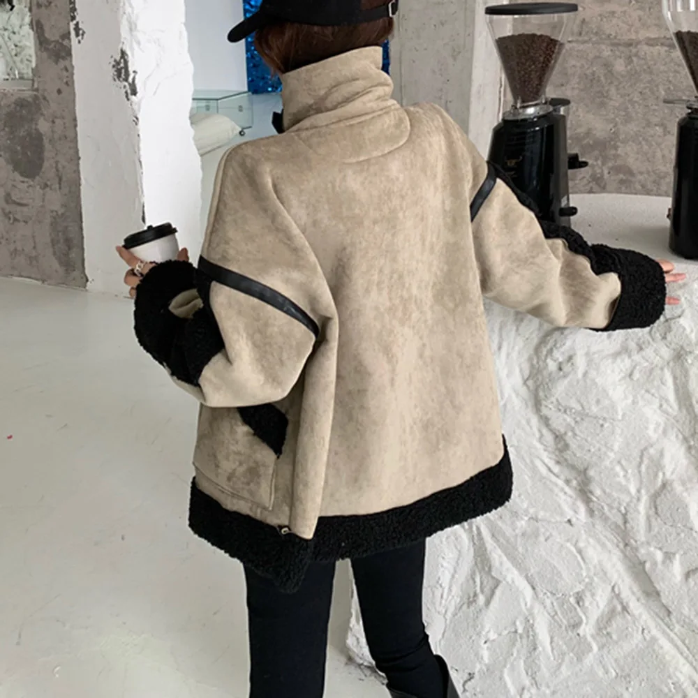 

Women Autumn Winter Short Jacket Coat Korean Japan Loose Lambswool Zipper Stand Collar Long Sleeve Warm Overcoat Outwear Coats