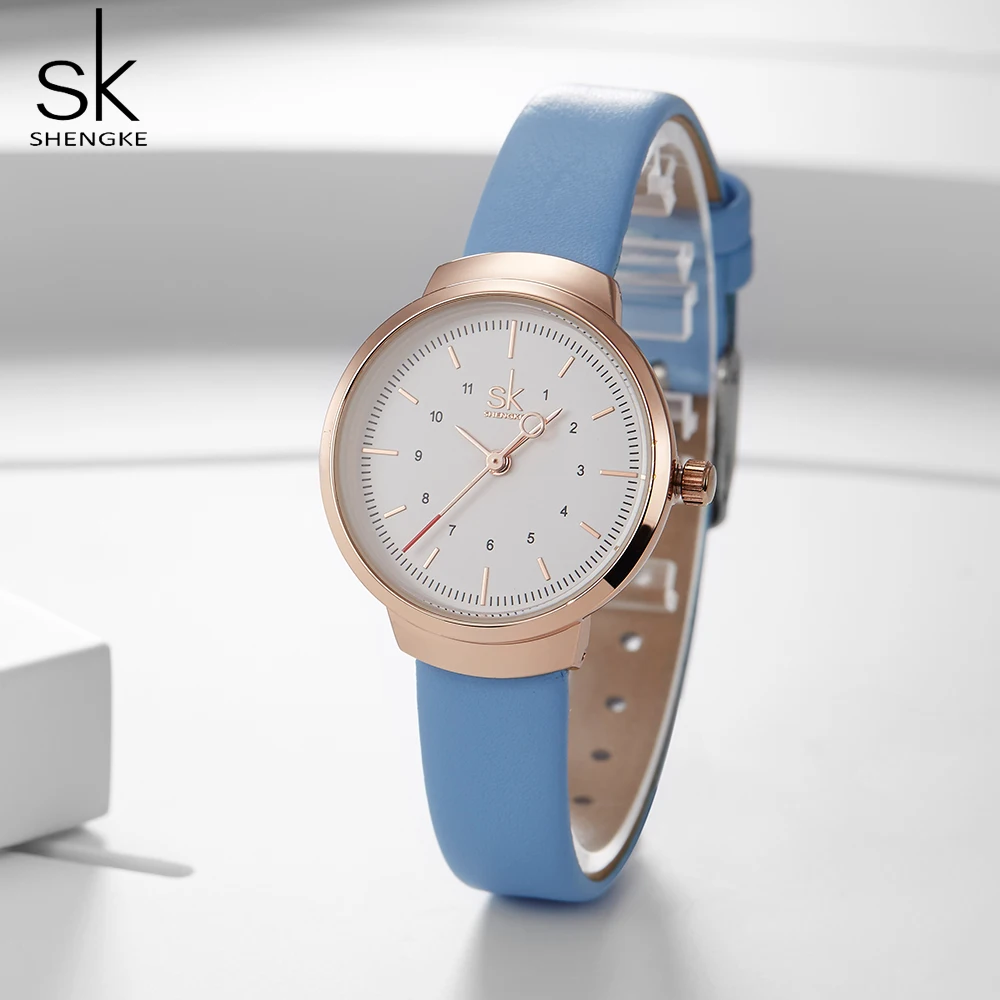Часы наручные SHENGKE женские кварцевые креативные модные роскошные с кожаным