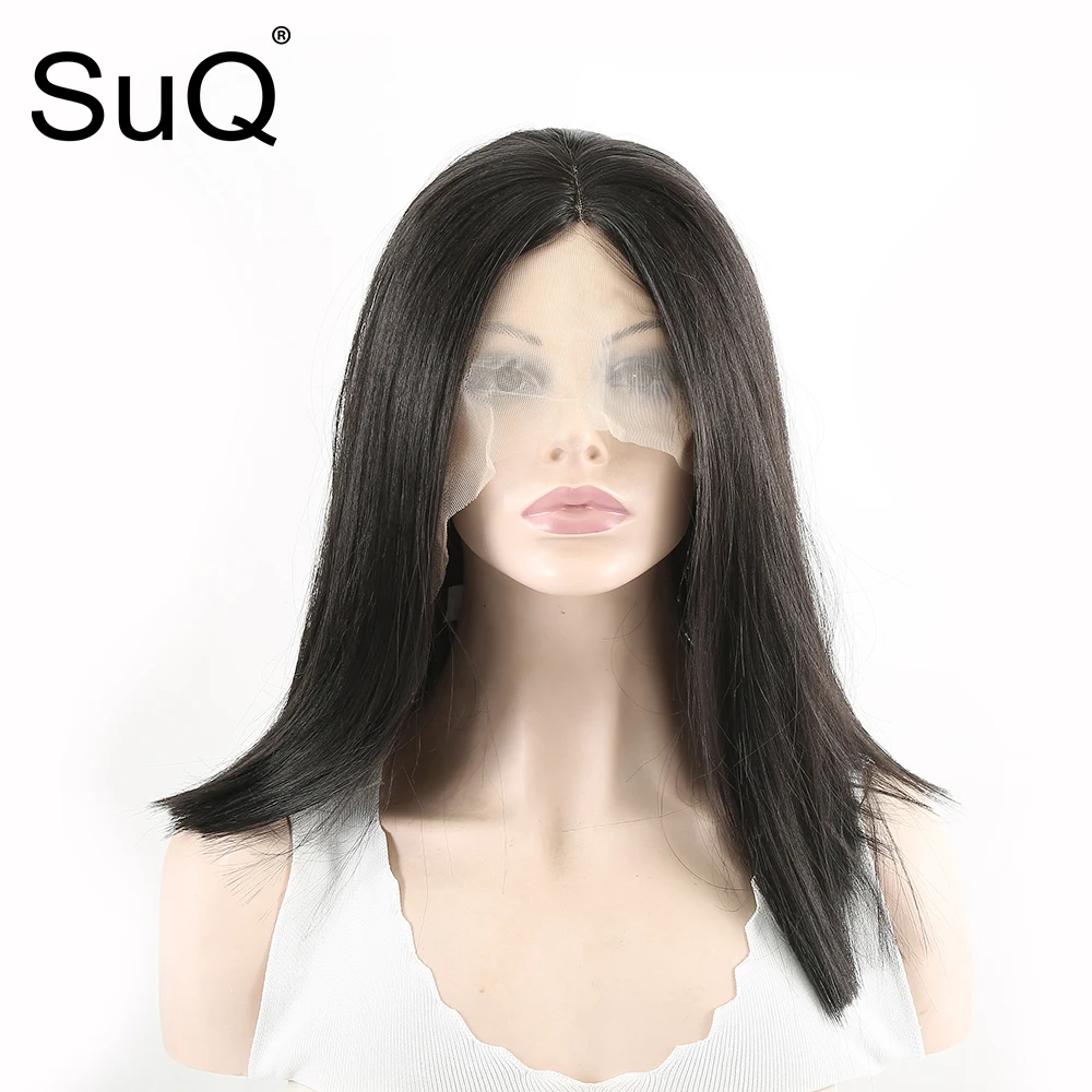 

SuQ Short Straight Synthetic Lace Front Wigs for Women Daily Use 13x1 T Part Natural Black Hair Heat Resistant Fiber Wig