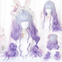 long natural wavy ombre colorful synthetic hair cosplay lolita harajuku wig with bangs pink purple blue multicolor daily wigs