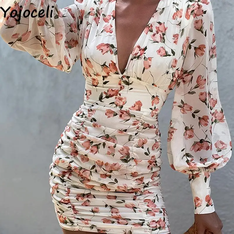 

Сексуальное цветочное плиссированное платье Yojoceli с V-образным вырезом, женское осеннее Элегантное короткое платье с леопардовым принтом дл...