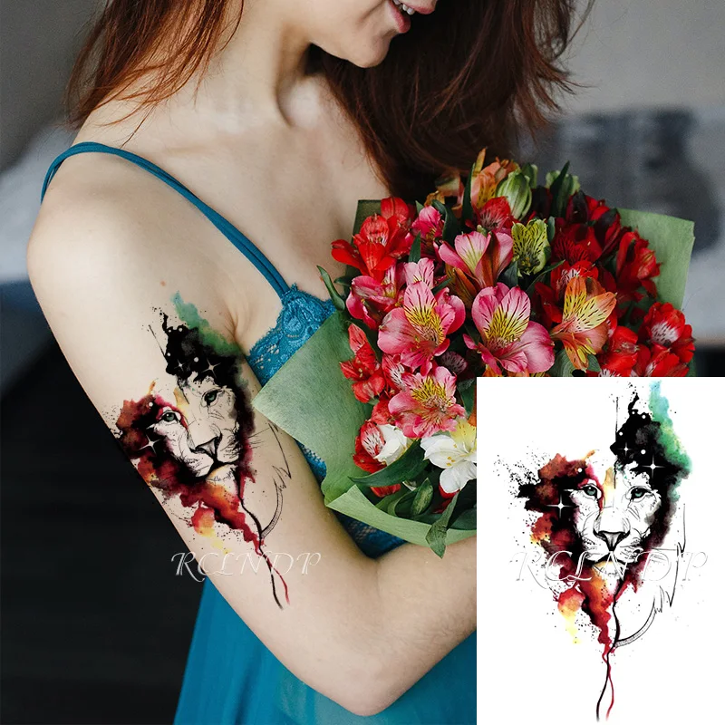 Waterproof Temporary Tattoo Sticker Lion Big Animal Color Water-ink Element Fake Tatto Flash Tatoo Arm Leg Art for Women Men | Красота и
