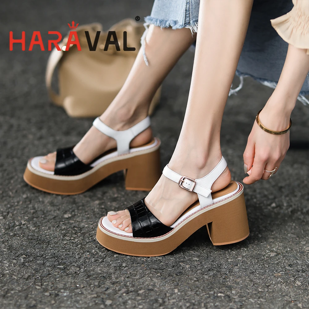 

HARAVAL Women Sandals Shoes Elegant High Heels Fashion Thick Bottom Genuine Leather Casual Classics Patchwork Shoes Women B238