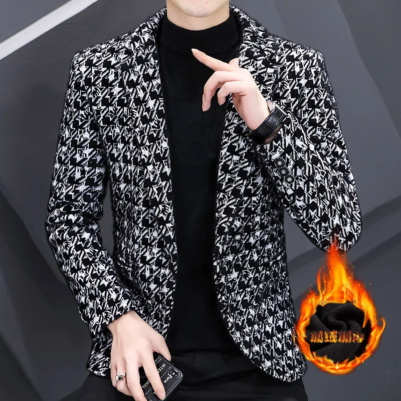 HOO 2022 Men's Autumn and Winter Woolen Printed Suit Handsome Slim-Fitting Youth Casual Fleece-Lined blazers | Мужская одежда