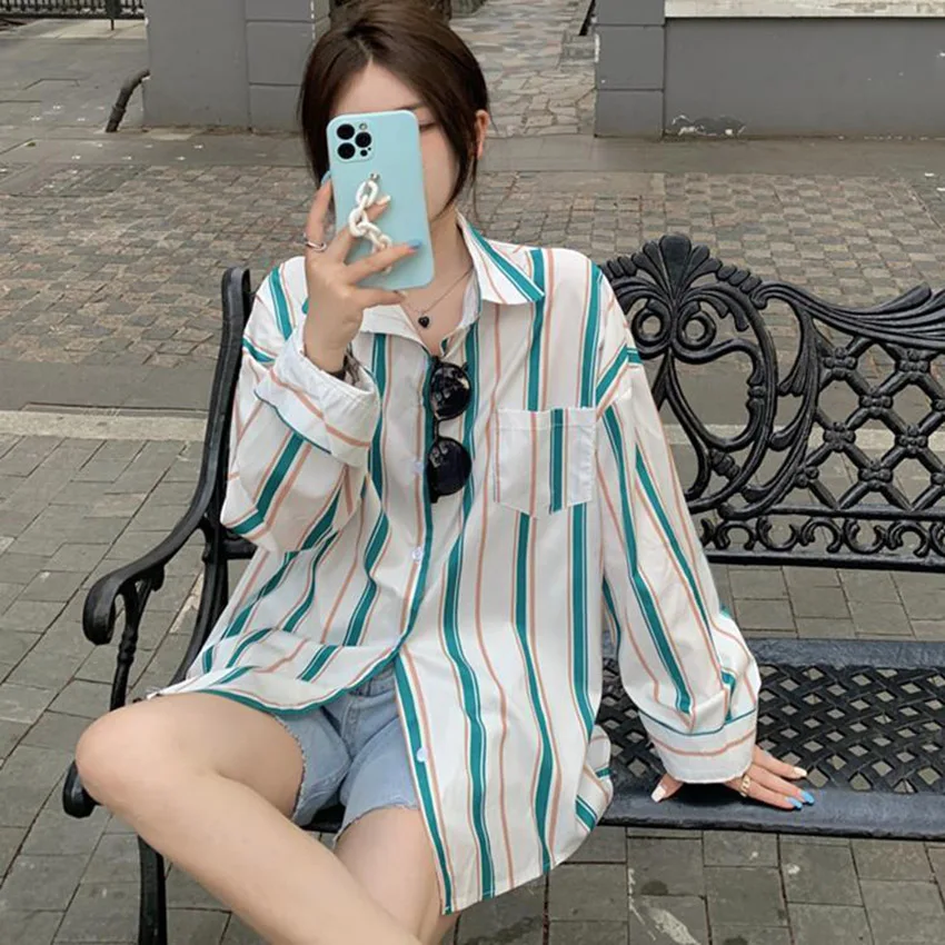 

Spring Autumn Loose Striped Shirt Women 2021 New Sun Protection Long Sleeve Fashion Female Blouses Korean Version Casual Shirt
