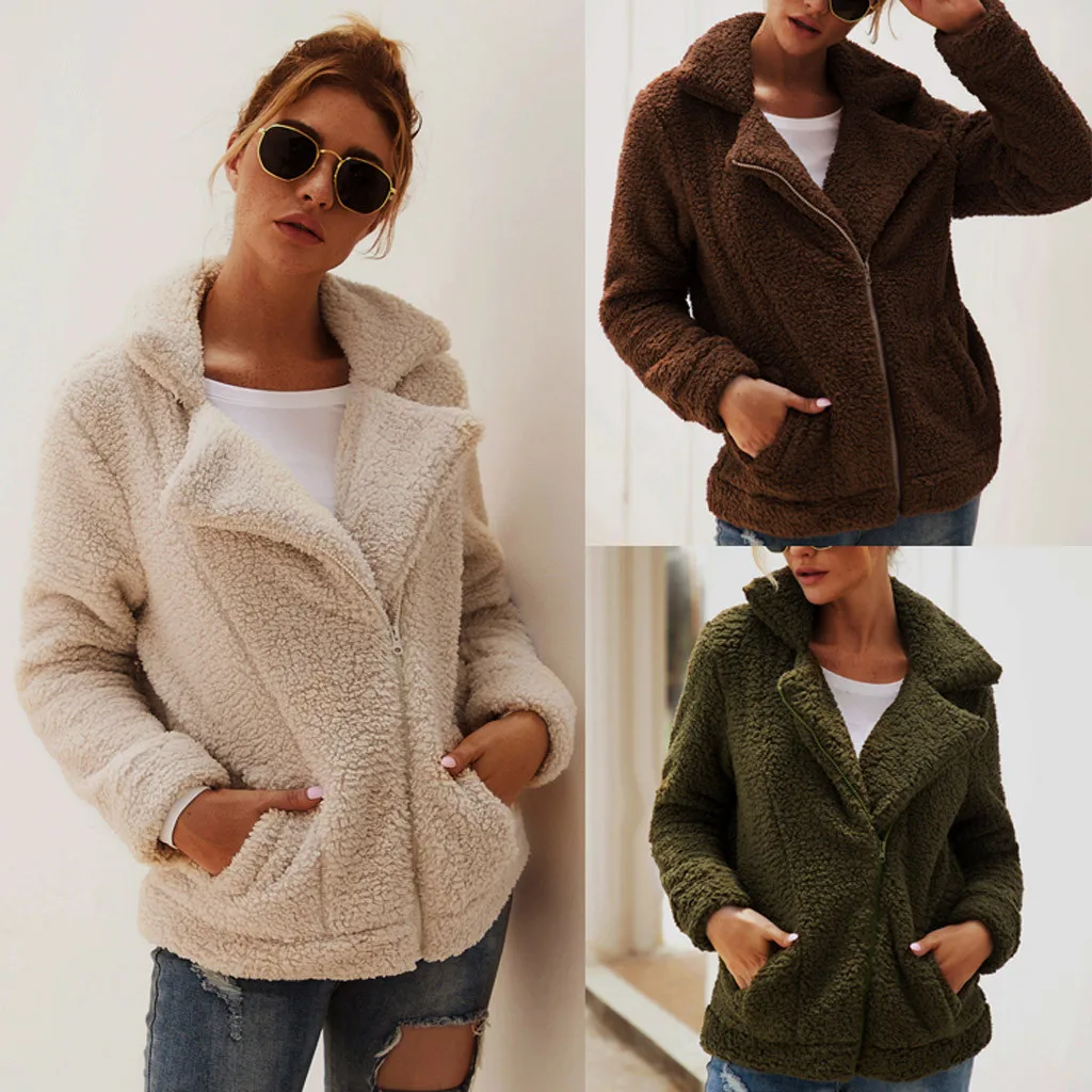 

Womens Outerwear Coats Jackets Fashion Lapel Zip Up Faux Fur Shearling Fuzzy Fleece Jacket Teddy Bear Coat Ladies Tops F40