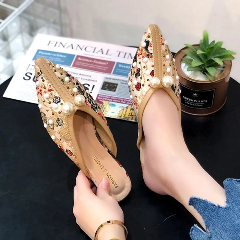 

Closed Toe Half Slippers Women's 2021 Flat Women's Shoes All-Match Embroidered Mules Square Toe Lazy Low Heel Slippers