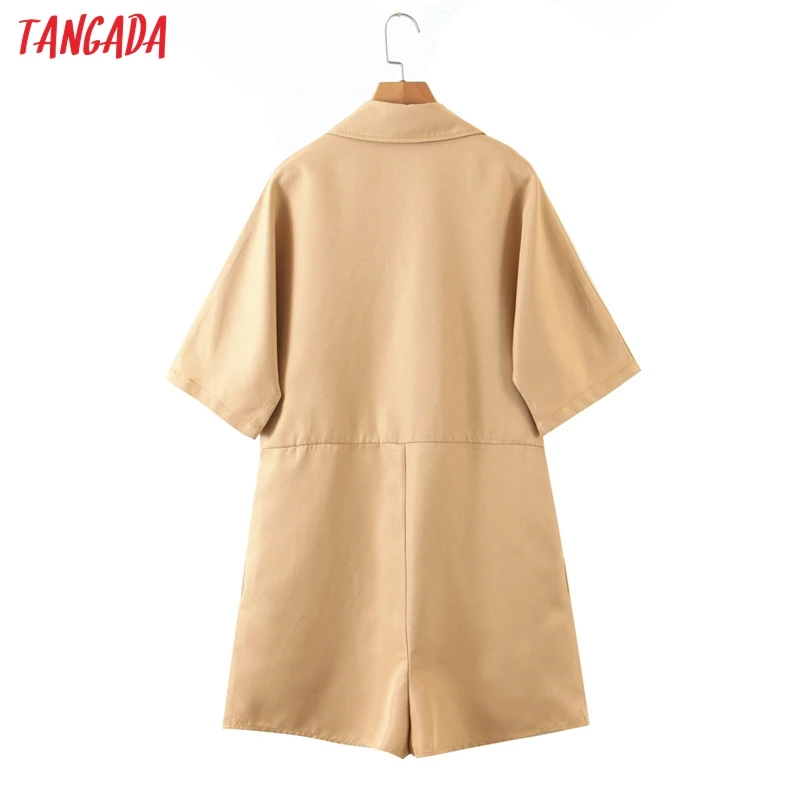 

Tangada Women Vintage Khaki Shirt Rompers Short Sleeve Loose Overalls Ladies Casual Chic Playsuits 1M18