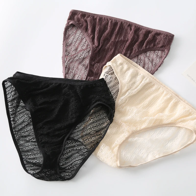 Sexy thin silk lace triangle briefs women's breathable French no trace waist comfort P95026| |