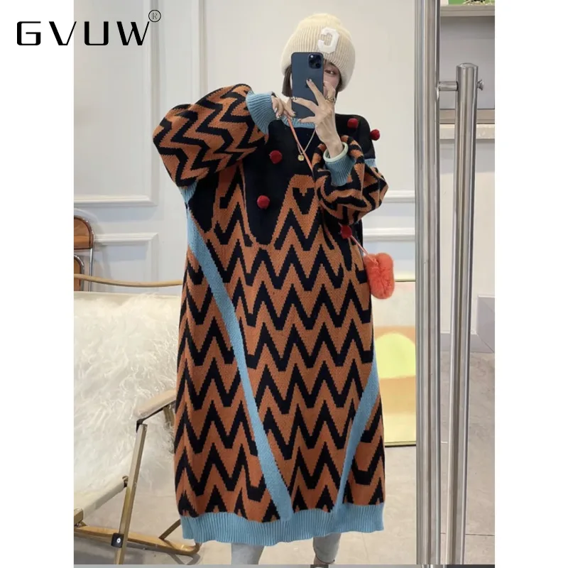 

GVUW Round Ball Design Wavy Knit Dress Winter New Korean Loose Large Medium And Long Stitched Skirt