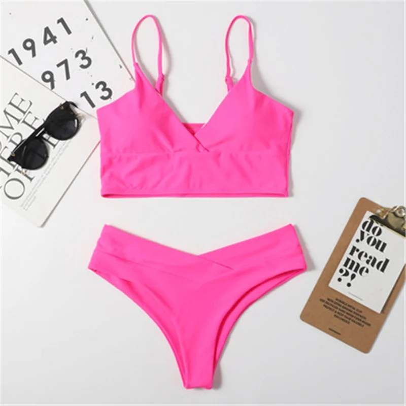 

2021 New Ladies Bikini Sexy Solid Color Swimsuit Women's High Waist Swimsuit Vest Brazilian Beach Two-piece Swimsuit