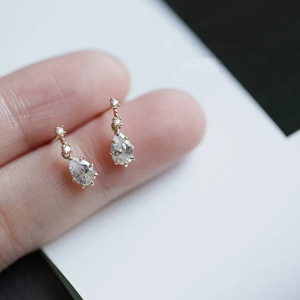 Серьги-гвоздики из настоящего золота 9 к изящные висячие серьги с кристаллами