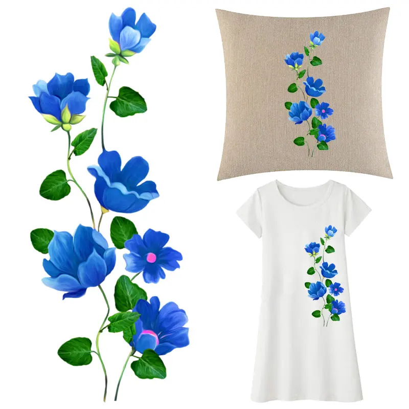 

Blue Flower Iron-on Transfers for Clothing Thermoadhesive Patches on Clothes Flex Fusible Patch Thermal Stickers for Girls Dress