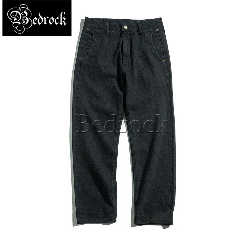 

10.8oz pure cotton twill denim jeans Retro black washed denim jeans mid-rise straight-leg jeans casual chino trousers for men