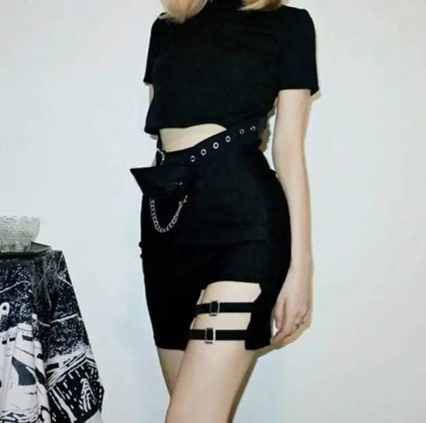 Женская готическая Черная мини юбка с боковыми лямками S012|Женские юбки| |
