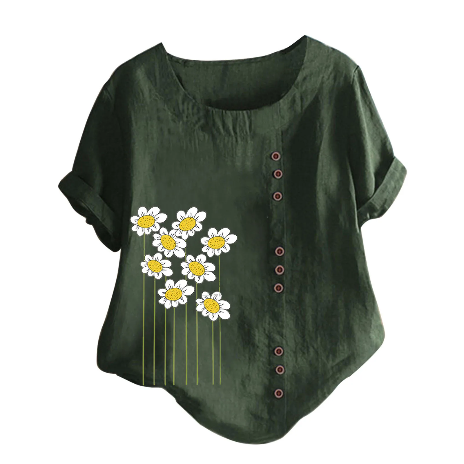 

Women Casual Fashion Printed Round Neck Button Loose Top Blouse