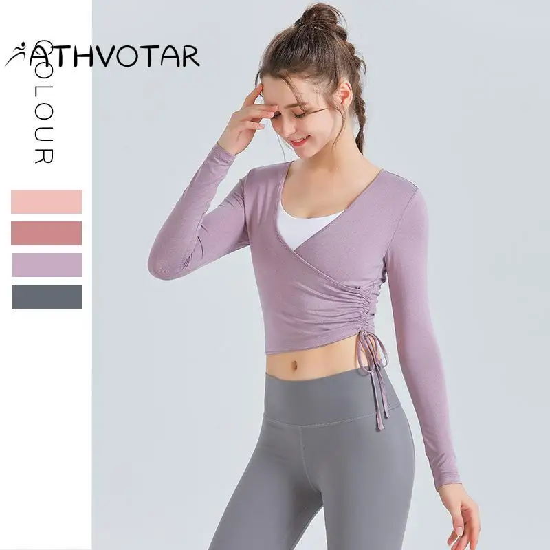 

ATHVOTAR Sports Yoga Clothes Long-Sleeved T-Shirt Women's Moisture Wicking Sports Top Drawstring Running Fitness Clothes Yoga