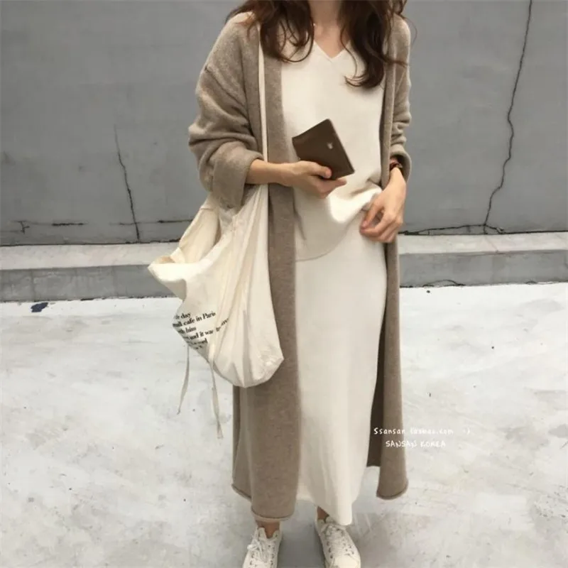 light tan cardigan Woherb винтажный черный свитер женский однотонный длинный рукав Сплит длинный кардиган со шнуровкой открытая стежка корейская мода новинка 90987 - Цвет: light tan cardigan