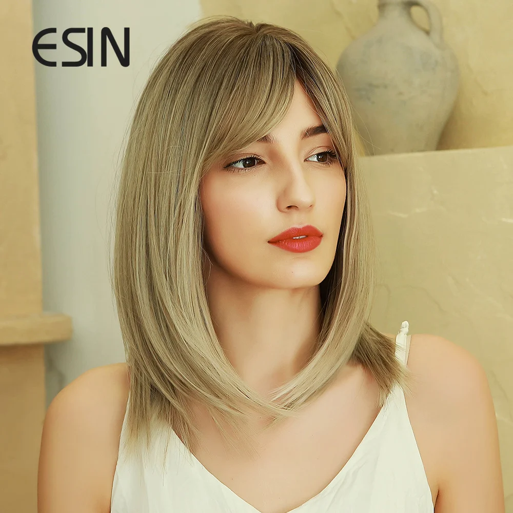 ESIN серый золотой средней длины прямой парик с челкой INS косплей натуральные