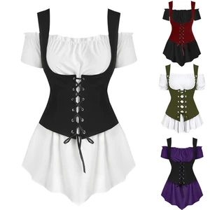 Medieval Steampunk 2Peices Clothing Set for Woman Off Shoulder Shirt Bandage Vest Stage Viking Pirate Cosplay Costumes Medieval Steampunk 2Peices Clothing Set for Woman Off Shoulder Shirt Bandage Vest Stage Viking Pirate Cosplay Costumes