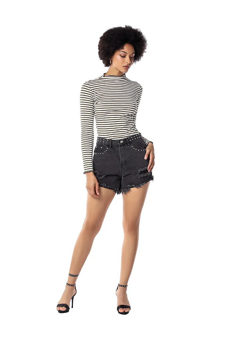 

IELGY Washed Lady's Denim Shorts Women's Large Loose Hole Beaded