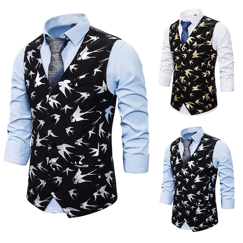 

Men's new fashion casual business fishing vest swallow print tuxedo for European and American sizes XXL