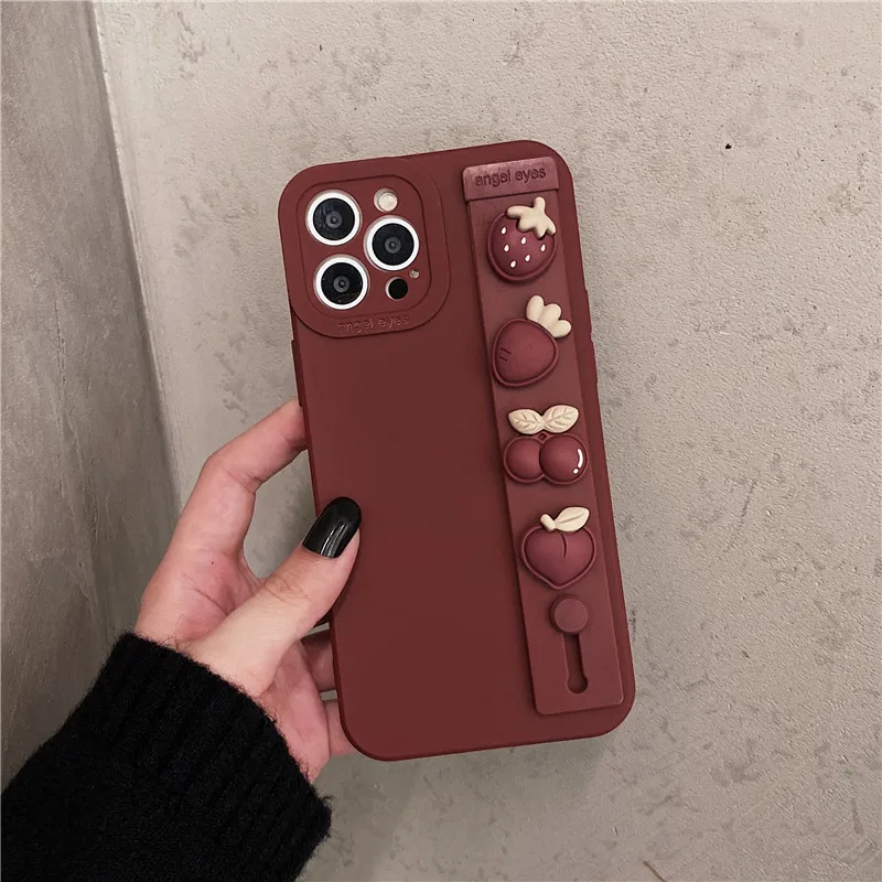 3D винно-красный чехол с ремешком на запястье для iPhone 13 Pro Max 12 11 XR X XS 7 8 Plus SE 2020