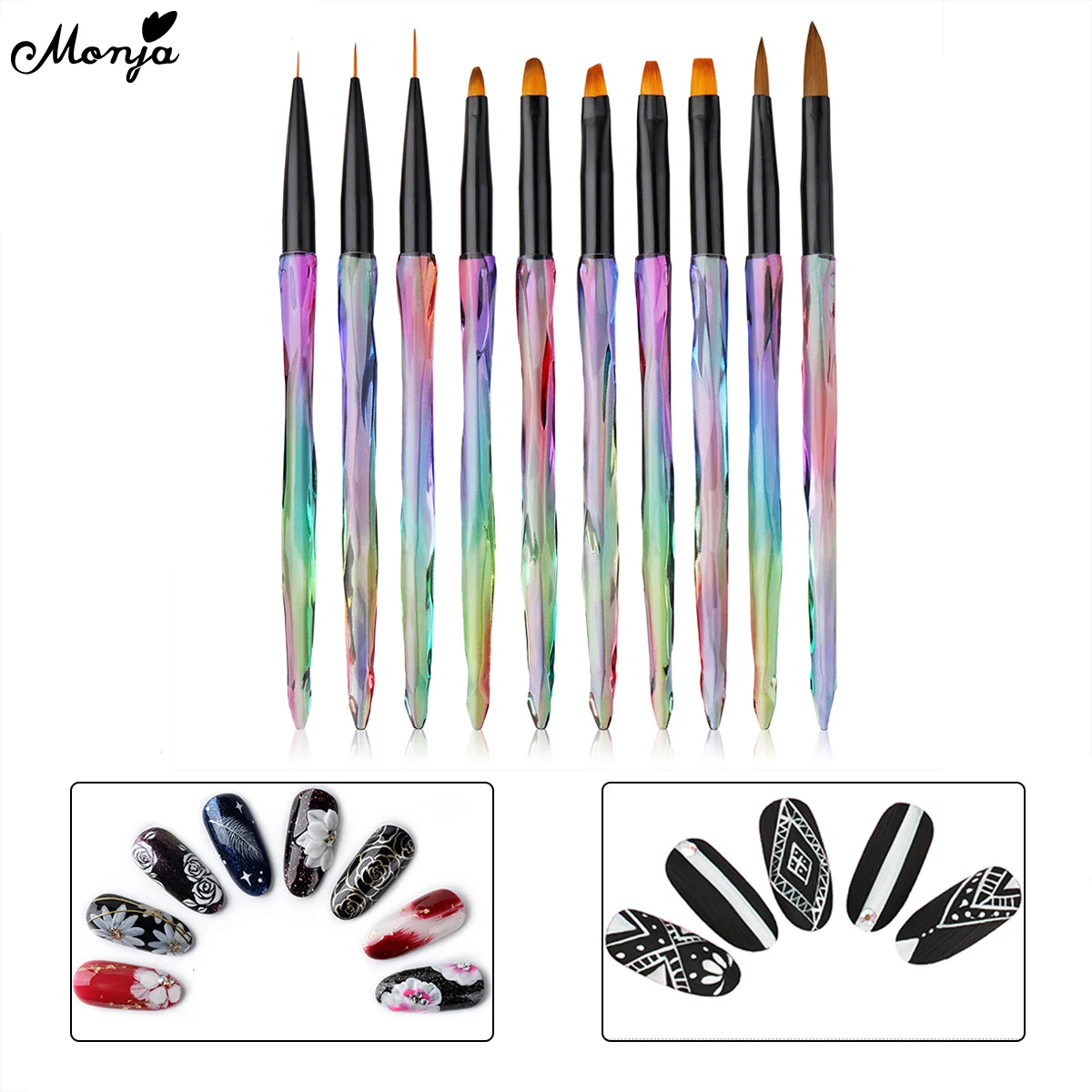 Monja 10 шт. красочная ручка для дизайна ногтей в полоску живопись из линий щетка УФ