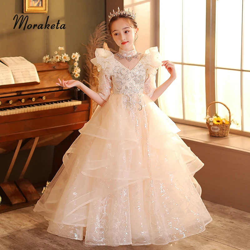 

White Flower Girl Dresses For Wedding Princess Ball Gown Tiered Tulle Sequin Lace Long Communication Dresses
