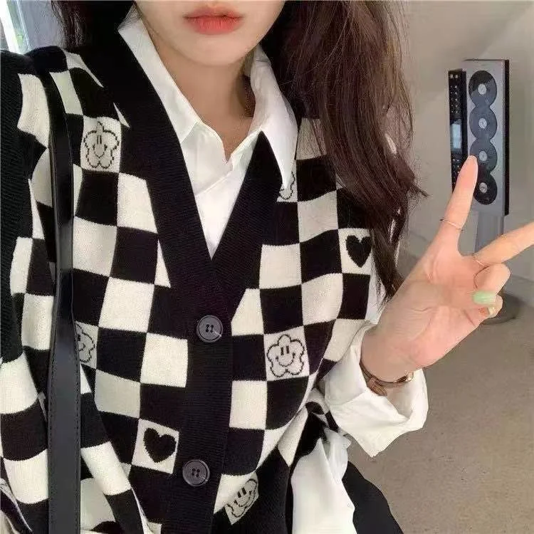 

Женский клетчатый свитер МАЗ, черно-белый жилет, новинка 2021