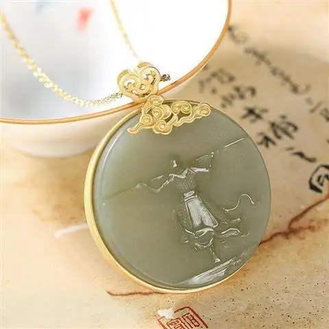 

S925 Sterling Silver Gold Hetian Gray Jade Return of the Great Sage of Qi Tian Sun Wukong Domineering Jade Pendant Pendant