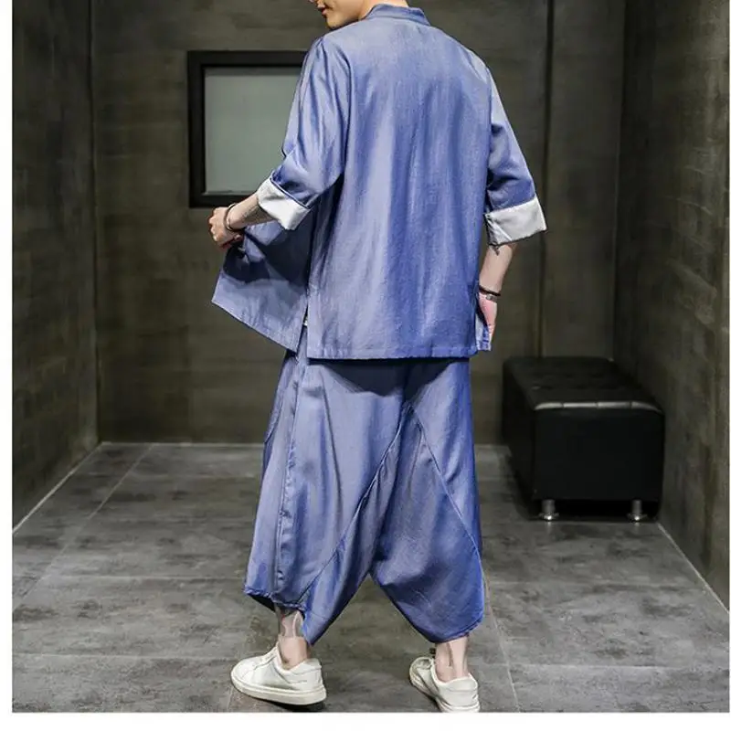 

M-5XL Plus Size Dragon Clothing Shirt with Free Matching Pants Vintage Streetwear Half Sleeve+Calf Pants Two Pieces Sets Men 4XL