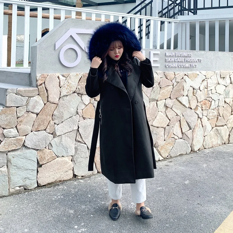 Real fur collar Женское шерстяное пальто с поясом размера плюс, новинка, Женское пальто, зима-осень, Тренч с меховым воротником, женская верхняя одежда, 5XL - Цвет: Real fur collar