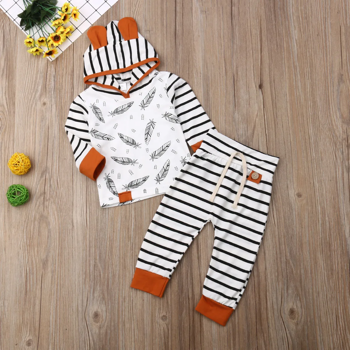 Ropa para beb&eacute; reci&eacute;n nacido, peleles de plumas, Tops, pantalones a rayas, conjunto de ropa, trajes, ropa infantil-5